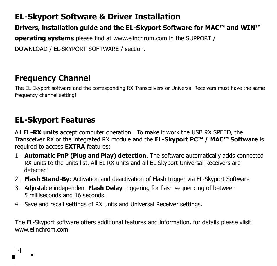 El-skyport software & driver installation, Frequency channel, El-skyport features | Elinchrom EL-SKYPORT 19348 User Manual | Page 6 / 10