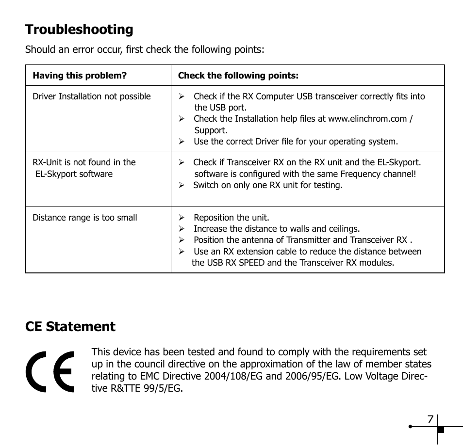 Troubleshooting, Ce statement | Elinchrom EL-SKYPORT 19348 User Manual | Page 9 / 10