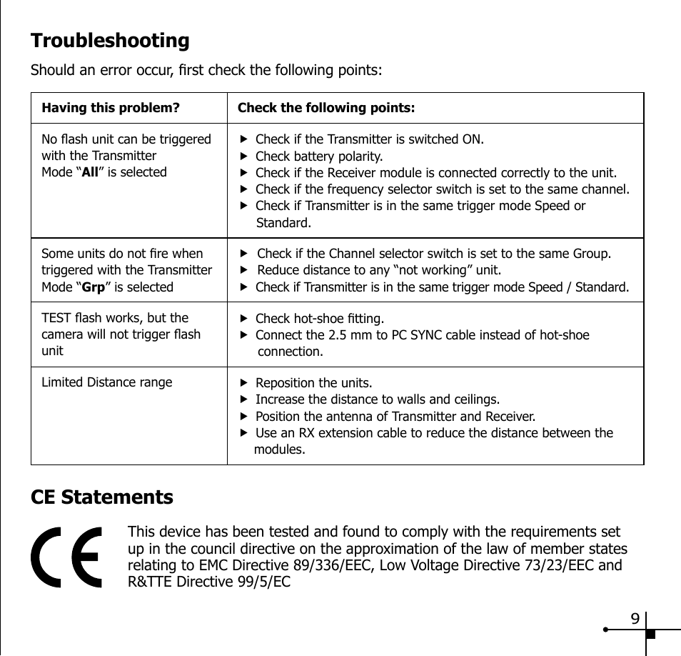 Troubleshooting, Ce statements | Elinchrom 19350 User Manual | Page 11 / 12