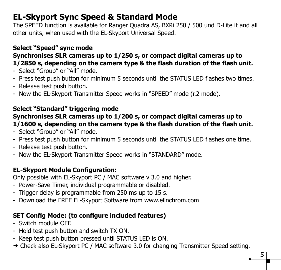 El-skyport sync speed & standard mode | Elinchrom 19350 User Manual | Page 7 / 12