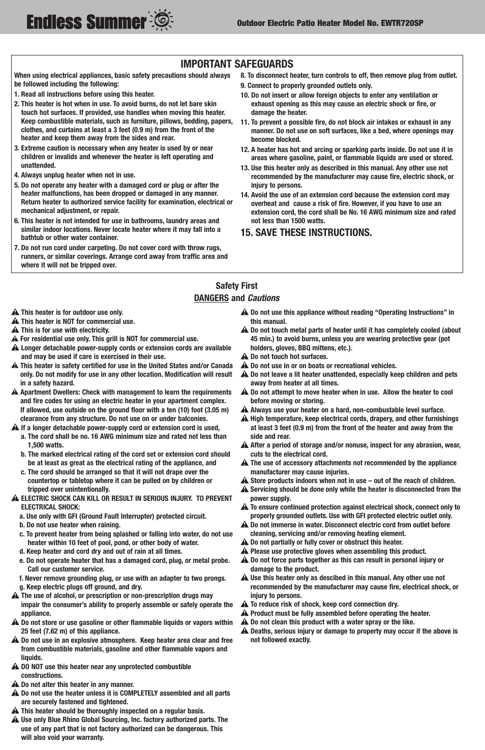 Important safeguards, Save these instructions, Safety first dangers and cautions | Endless SUMMER EWTR720SP User Manual | Page 2 / 8