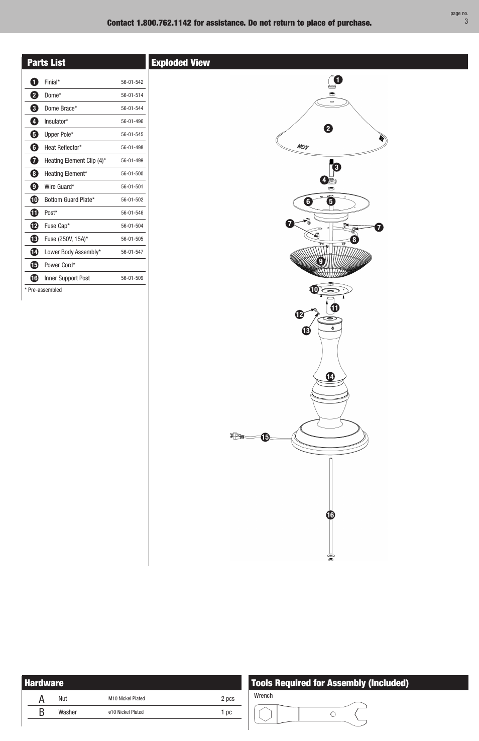 Parts list, Exploded view, Hardware | Tools required for assembly (included) | Endless SUMMER EWTR720SP User Manual | Page 3 / 8