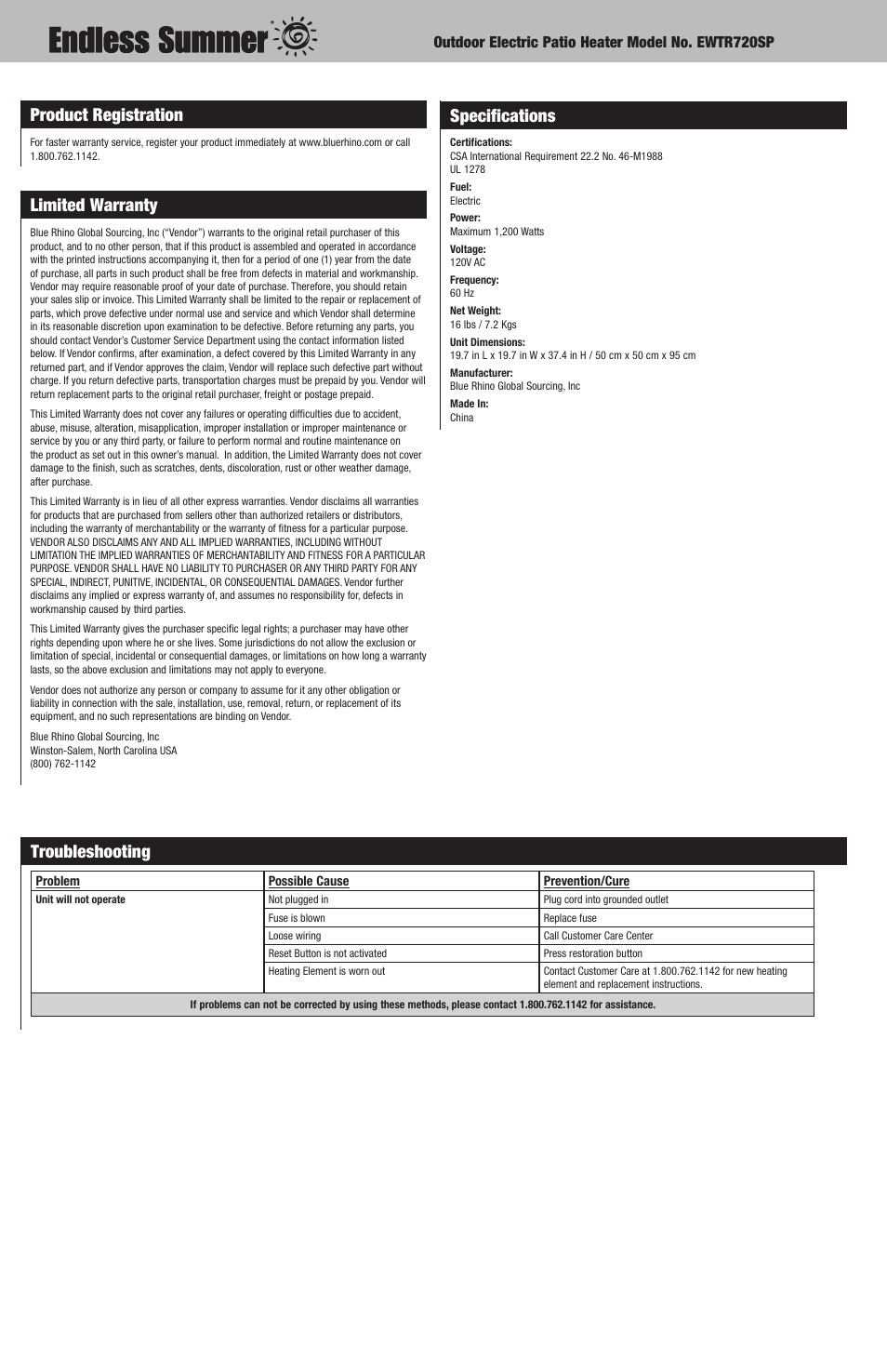 Product registration, Limited warranty, Specifications | Troubleshooting | Endless SUMMER EWTR720SP User Manual | Page 6 / 8