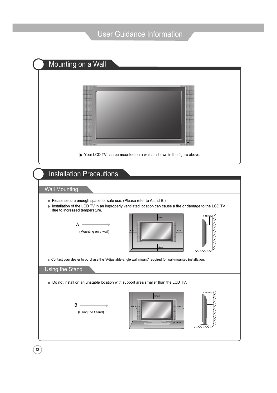 User guidance information, Mounting on a wall installation precautions | ERAE Electronics Industry 32 LCD TV none User Manual | Page 12 / 52