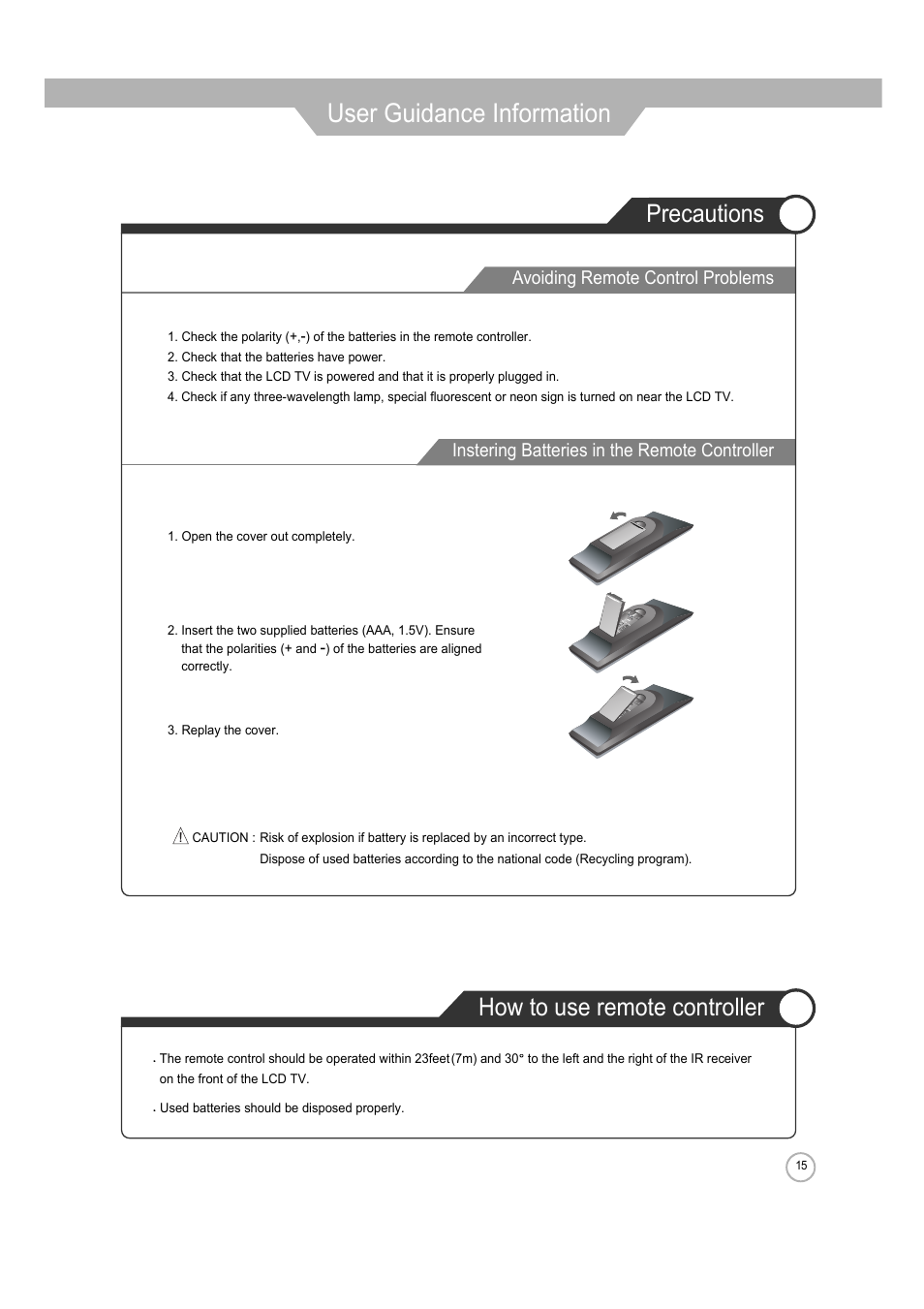 User guidance information, Precautions how to use remote controller | ERAE Electronics Industry 32 LCD TV none User Manual | Page 15 / 52