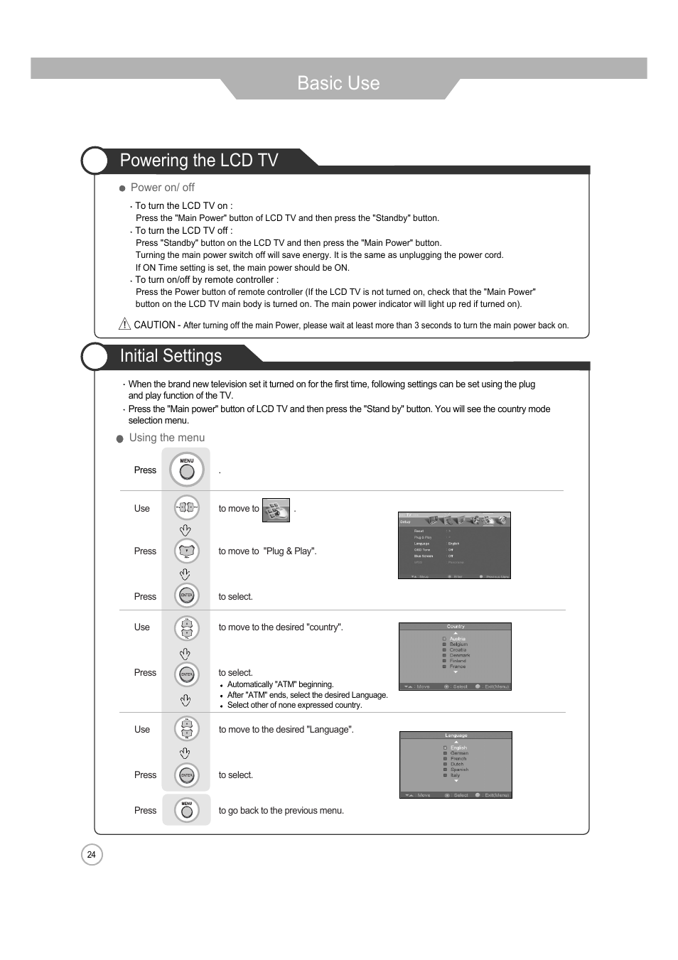 Basic use, Initial settings powering the lcd tv | ERAE Electronics Industry 32 LCD TV none User Manual | Page 24 / 52