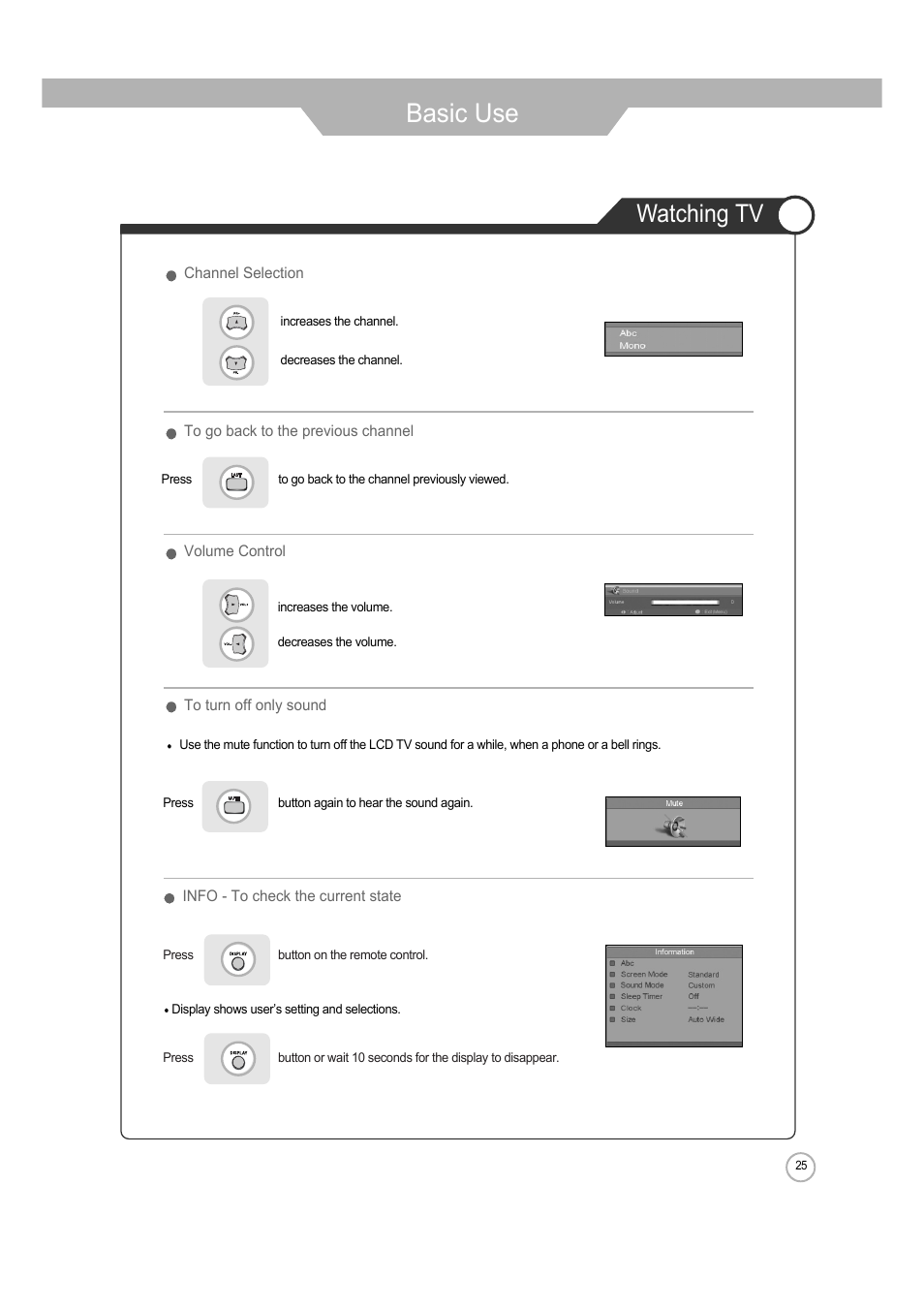 Basic use, Watching tv | ERAE Electronics Industry 32 LCD TV none User Manual | Page 25 / 52