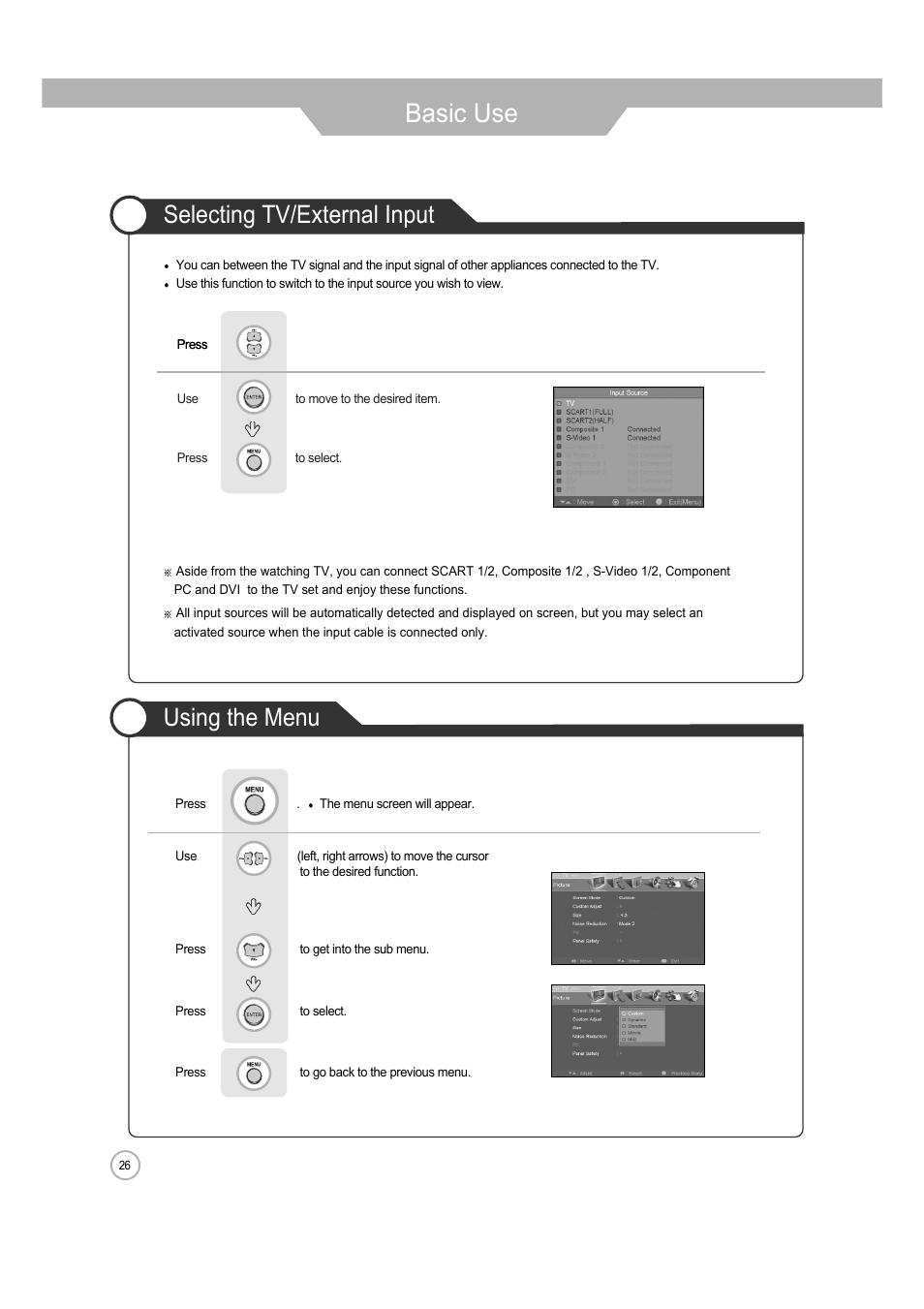 Basic use, Using the menu selecting tv/external input | ERAE Electronics Industry 32 LCD TV none User Manual | Page 26 / 52
