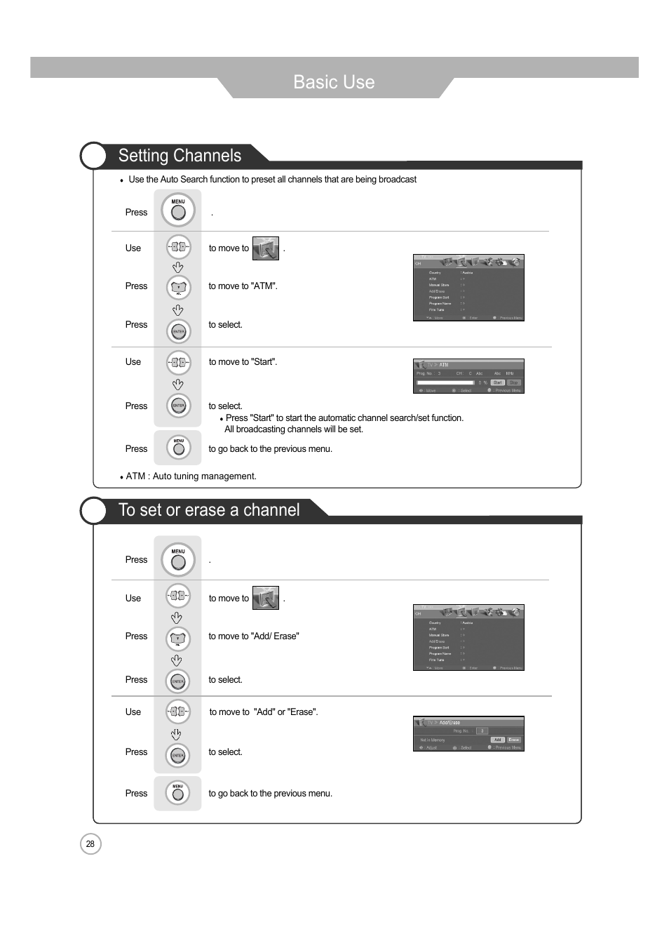 Basic use, Setting channels | ERAE Electronics Industry 32 LCD TV none User Manual | Page 28 / 52