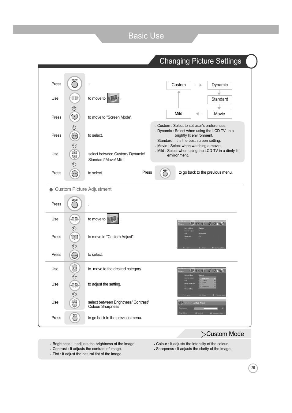 Basic use, Changing picture settings, Custom mode | ERAE Electronics Industry 32 LCD TV none User Manual | Page 29 / 52