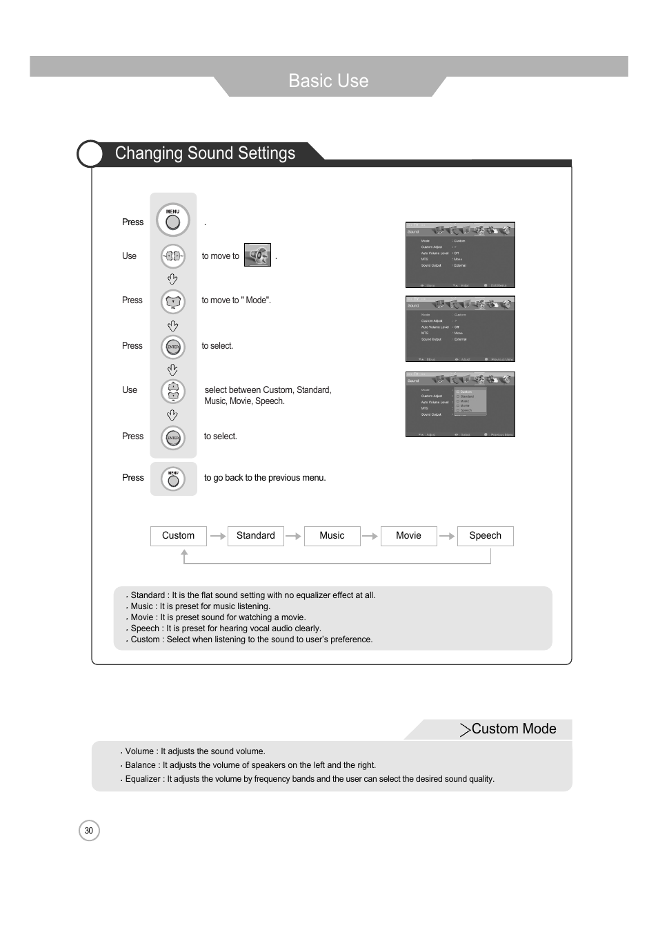 Basic use, Changing sound settings, Custom mode | ERAE Electronics Industry 32 LCD TV none User Manual | Page 30 / 52