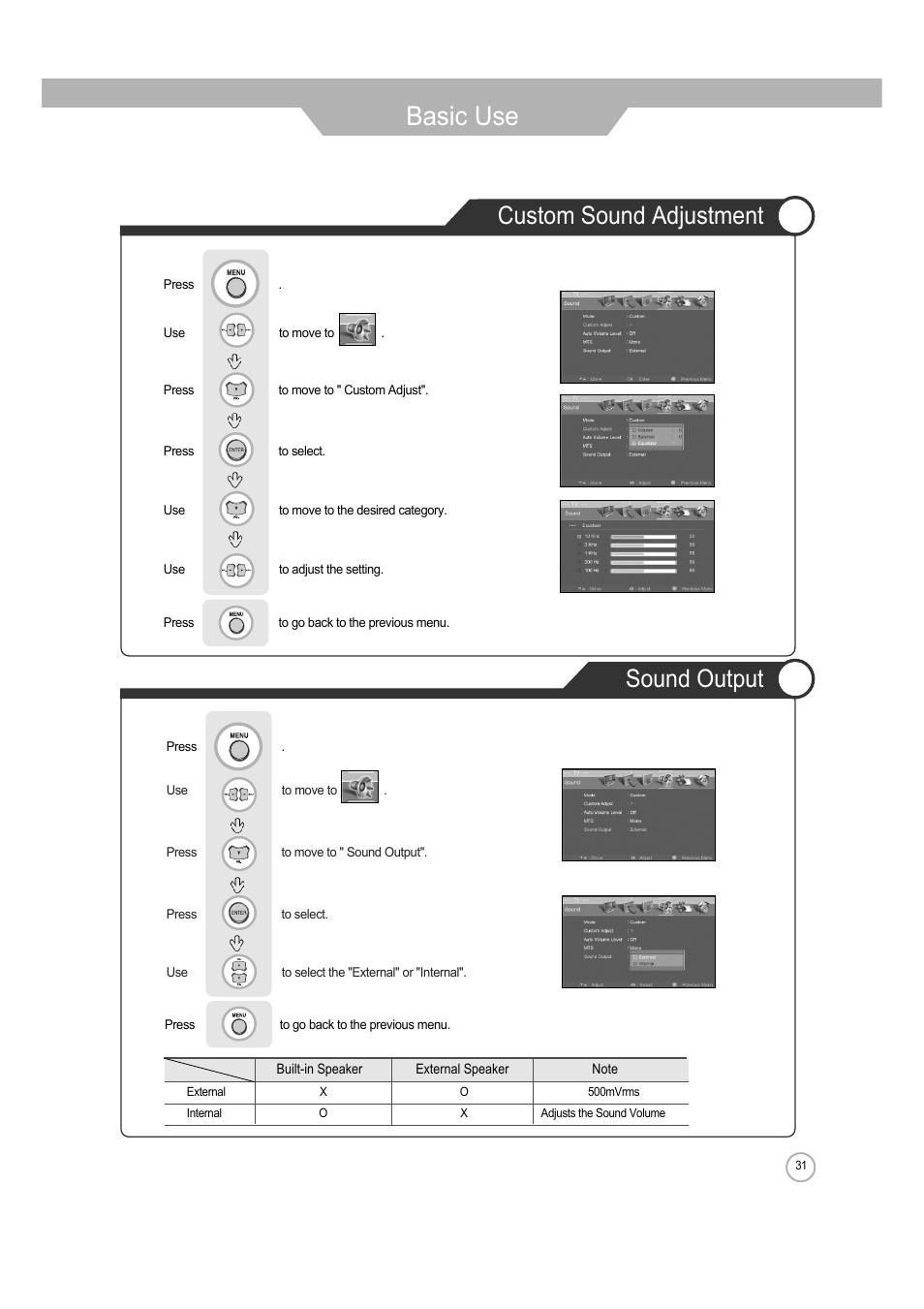 Basic use, Sound output custom sound adjustment | ERAE Electronics Industry 32 LCD TV none User Manual | Page 31 / 52