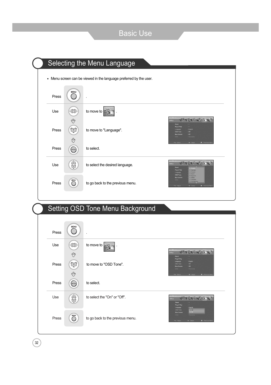 Basic use, Setting osd tone menu background, Selecting the menu language | ERAE Electronics Industry 32 LCD TV none User Manual | Page 32 / 52
