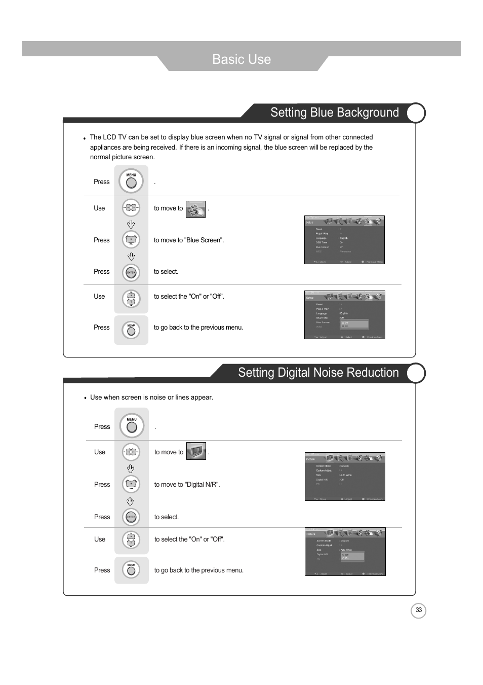 Basic use, Setting digital noise reduction, Setting blue background | ERAE Electronics Industry 32 LCD TV none User Manual | Page 33 / 52