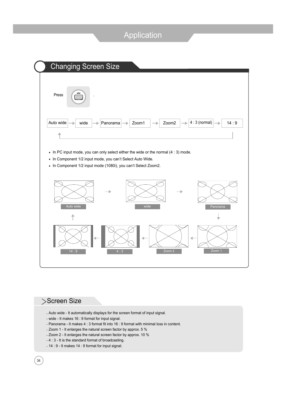 Application, Changing screen size, Screen size | ERAE Electronics Industry 32 LCD TV none User Manual | Page 34 / 52