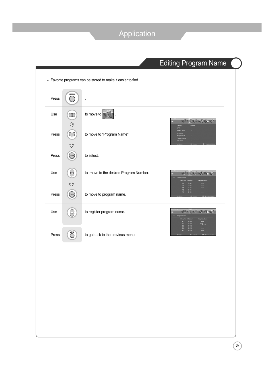 Application, Editing program name | ERAE Electronics Industry 32 LCD TV none User Manual | Page 37 / 52