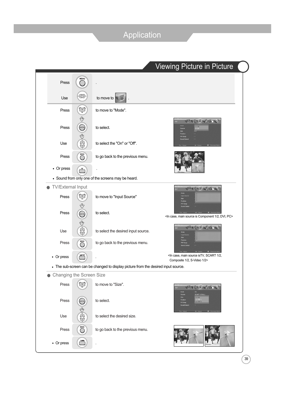 Application, Viewing picture in picture | ERAE Electronics Industry 32 LCD TV none User Manual | Page 39 / 52