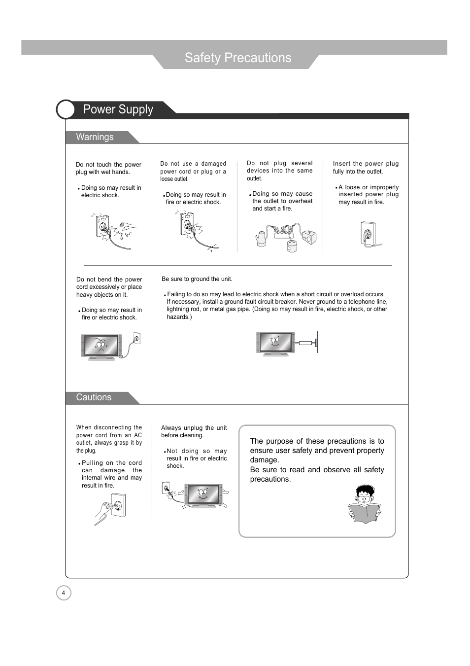 Safety precautions, Power supply, Cautions warnings | ERAE Electronics Industry 32 LCD TV none User Manual | Page 4 / 52