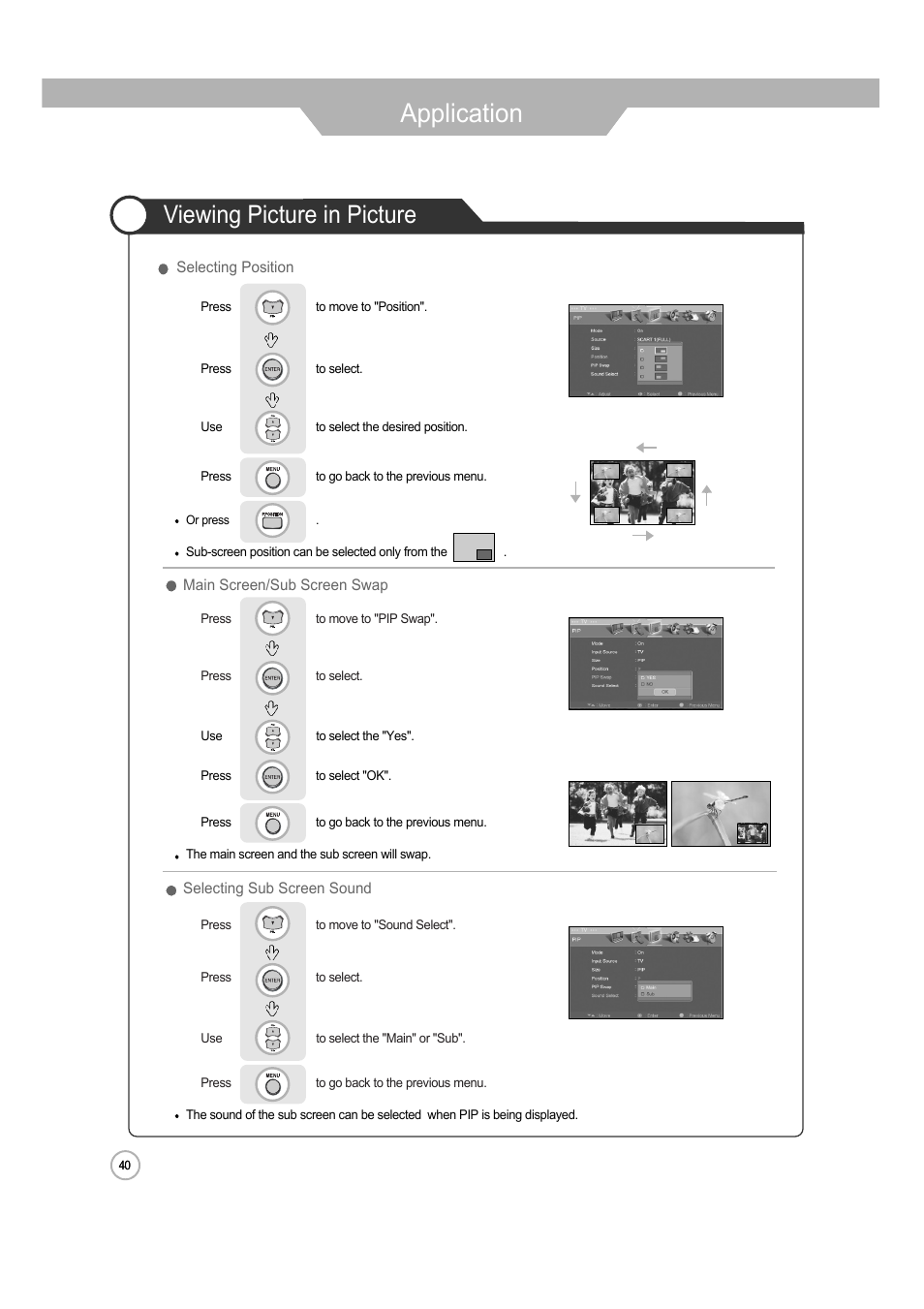 Application, Viewing picture in picture | ERAE Electronics Industry 32 LCD TV none User Manual | Page 40 / 52