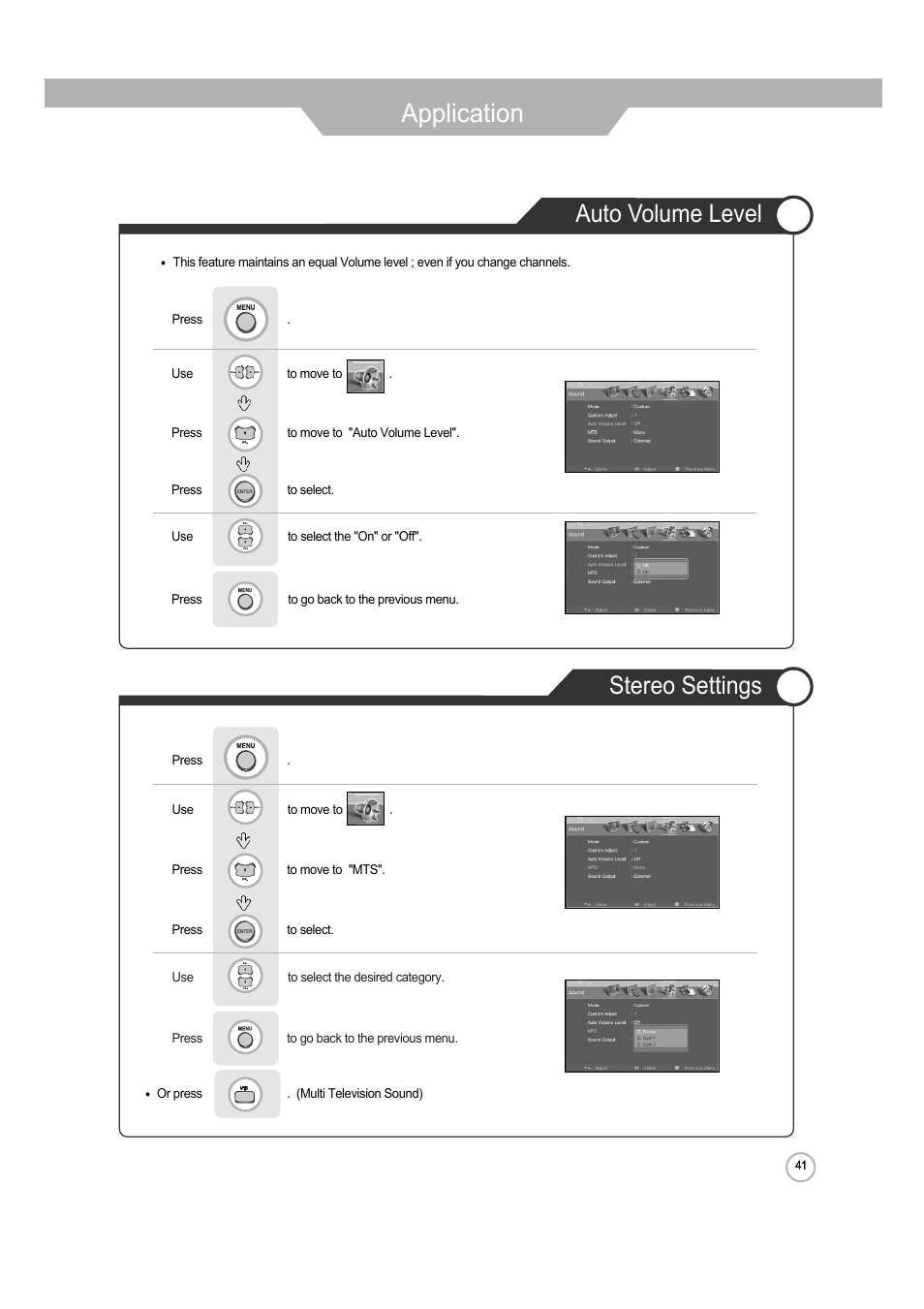 Application, Stereo settings, Auto volume level | ERAE Electronics Industry 32 LCD TV none User Manual | Page 41 / 52