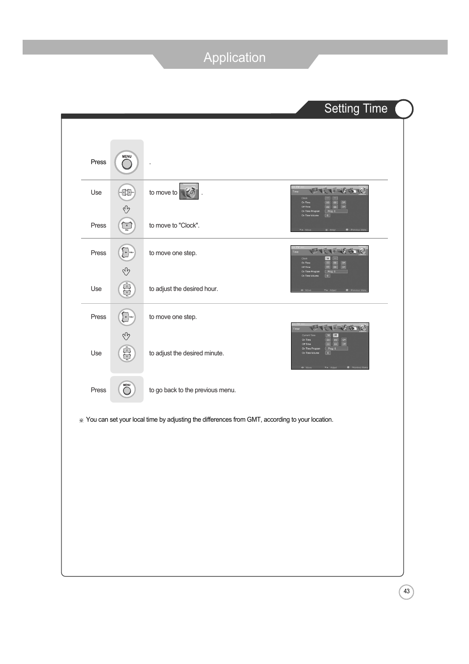 Application, Setting time | ERAE Electronics Industry 32 LCD TV none User Manual | Page 43 / 52