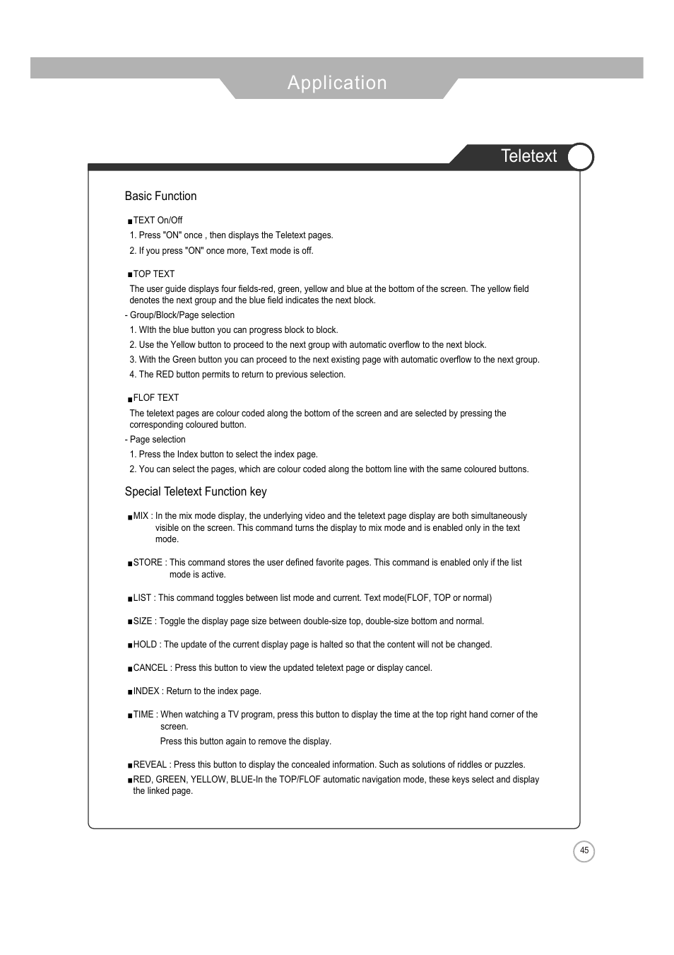 Application, Teletext | ERAE Electronics Industry 32 LCD TV none User Manual | Page 45 / 52