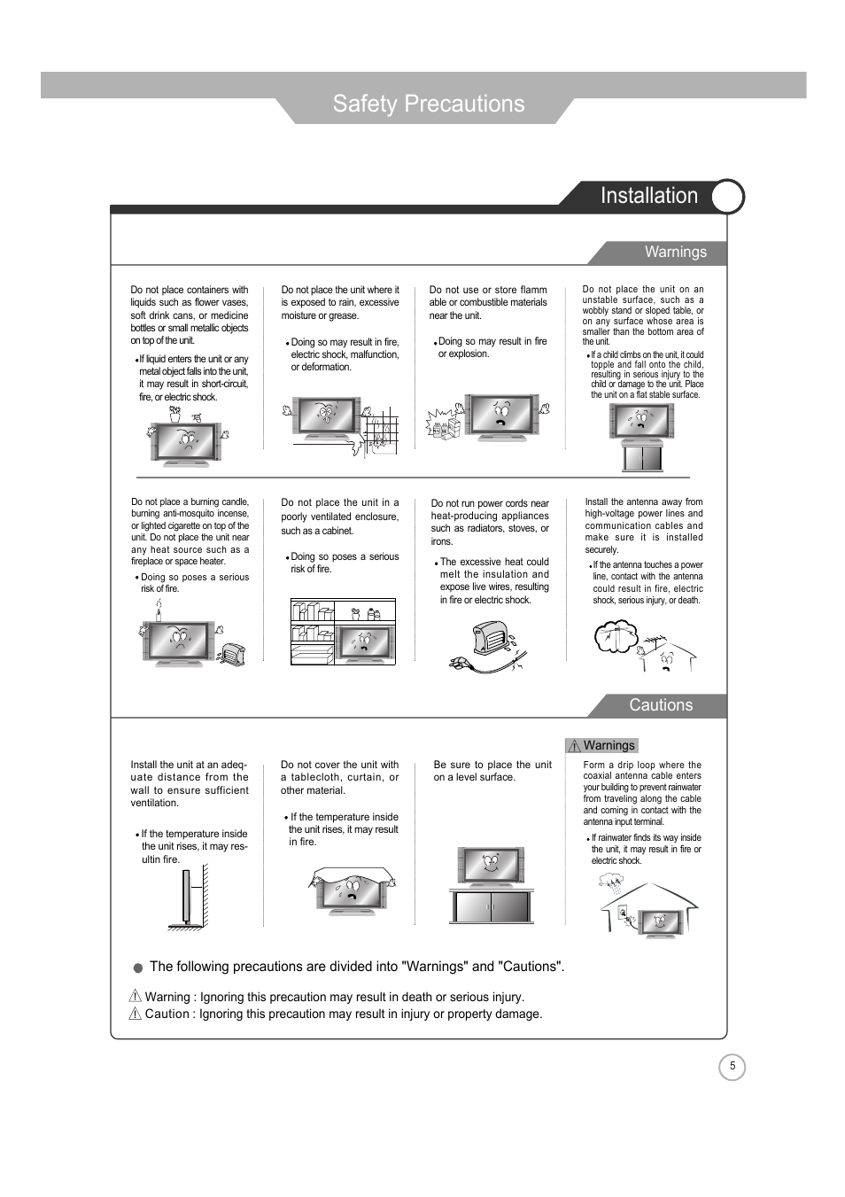 Safety precautions, Installation, Cautions | Warnings | ERAE Electronics Industry 32 LCD TV none User Manual | Page 5 / 52