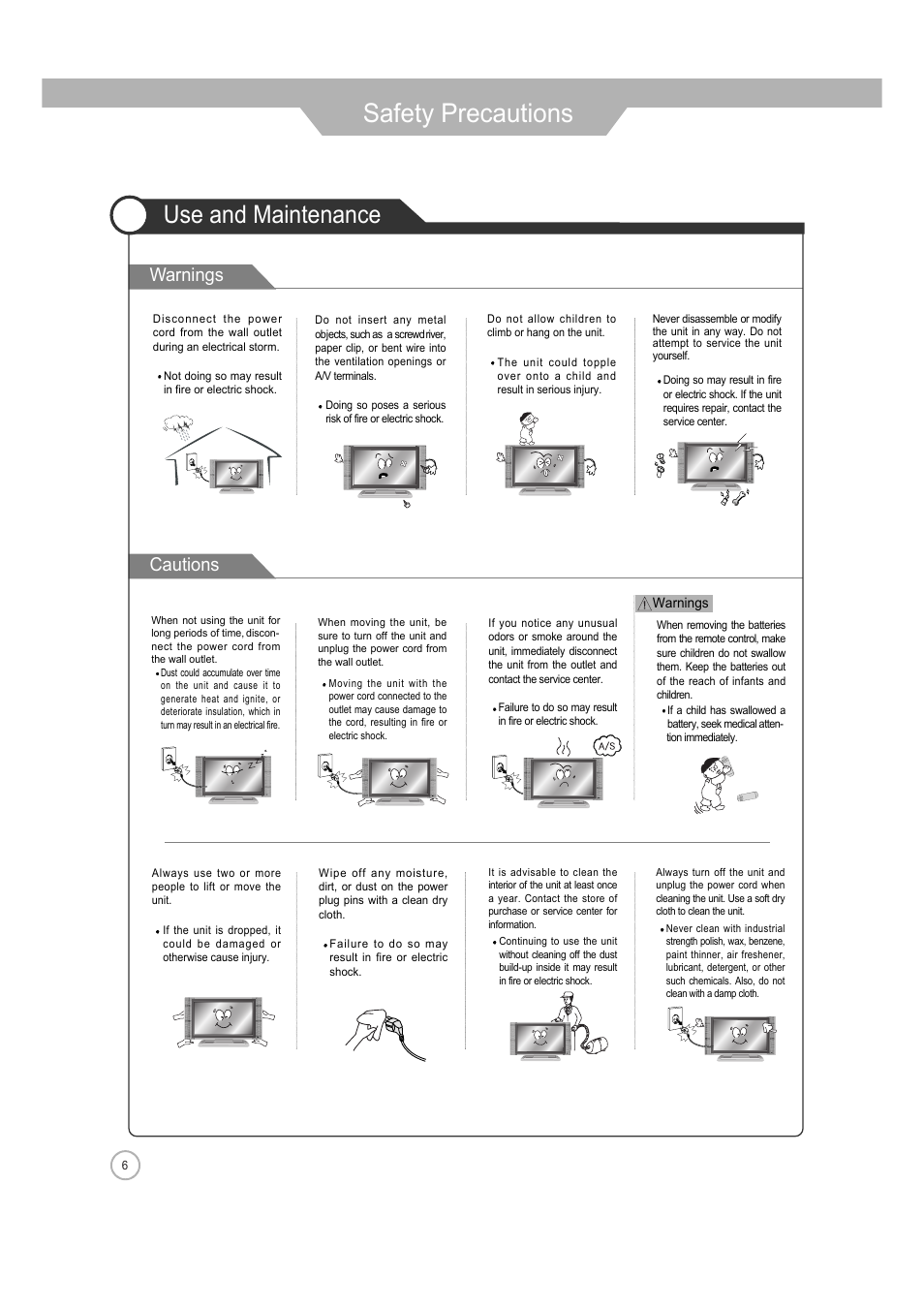 Safety precautions, Use and maintenance, Warnings cautions | ERAE Electronics Industry 32 LCD TV none User Manual | Page 6 / 52