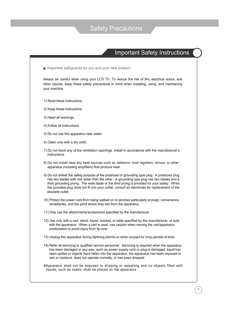 Safety precautions, Important safety instructions | ERAE Electronics Industry 32 LCD TV none User Manual | Page 7 / 52