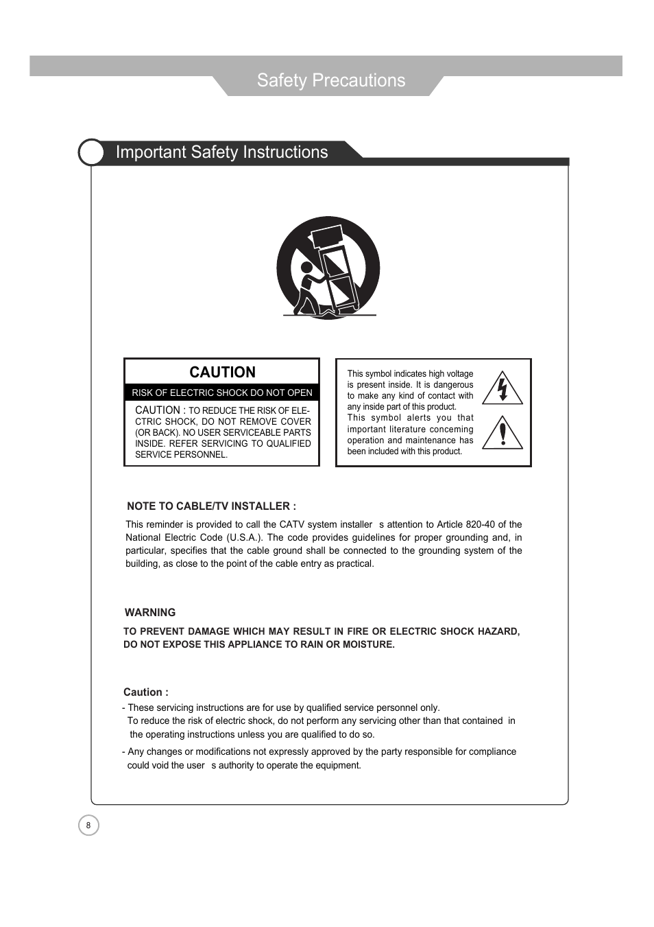 Safety precautions, Important safety instructions, Caution | ERAE Electronics Industry 32 LCD TV none User Manual | Page 8 / 52