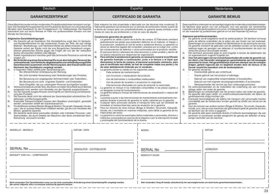 Serial no, 23 español certificado de garantia, Deutsch | Garantiezertifikat nederlands garantie bewijs | EMAK 8061 ( 600W ) User Manual | Page 23 / 24