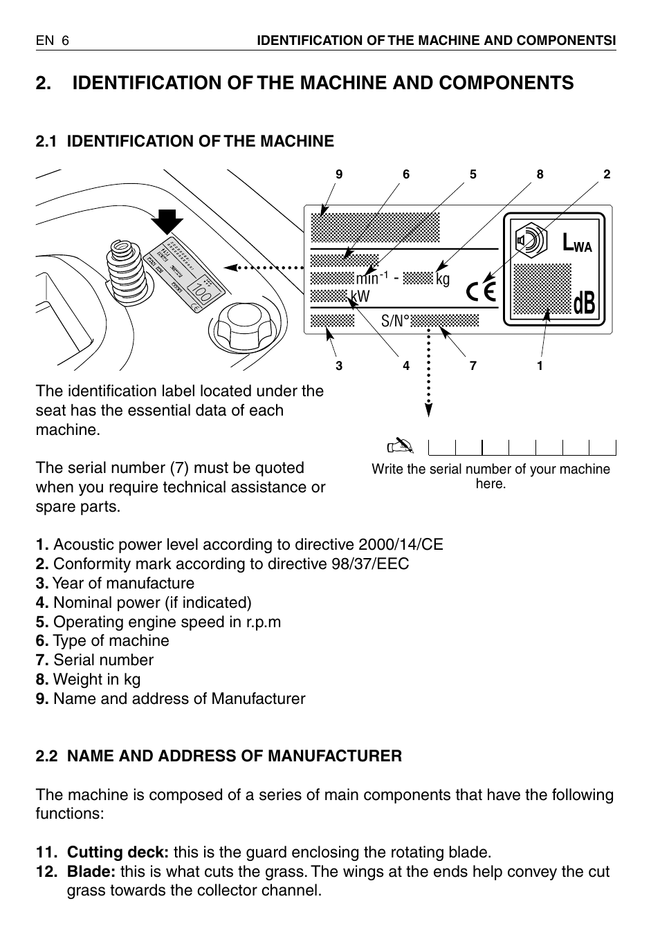 Identification of the machine and components | EMAK RIDING MOWER User Manual | Page 8 / 42