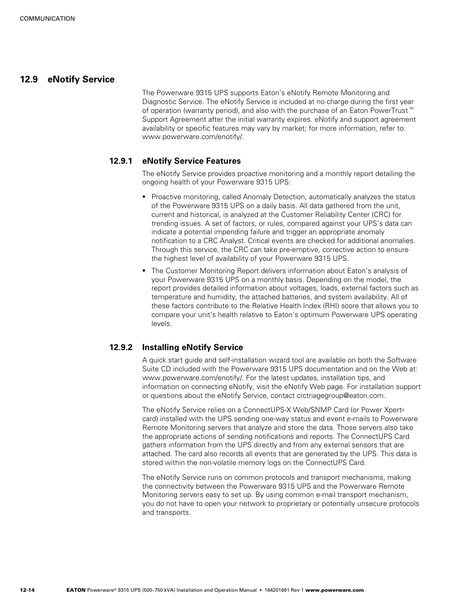 9 enotify service, 1 enotify service features, 2 installing enotify service | Eaton POWERWARE 9315 User Manual | Page 100 / 154