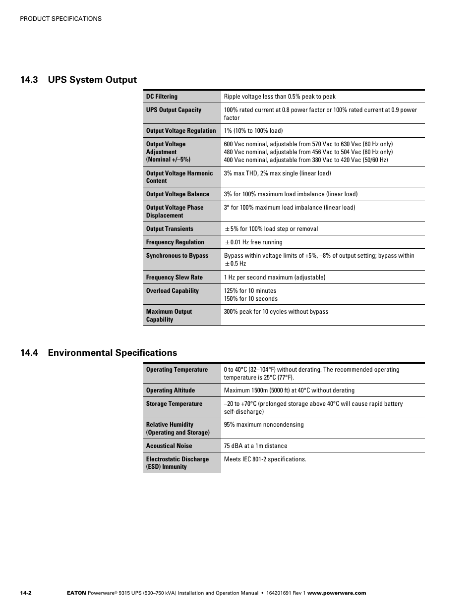 3 ups system output, 4 environmental specifications | Eaton POWERWARE 9315 User Manual | Page 108 / 154