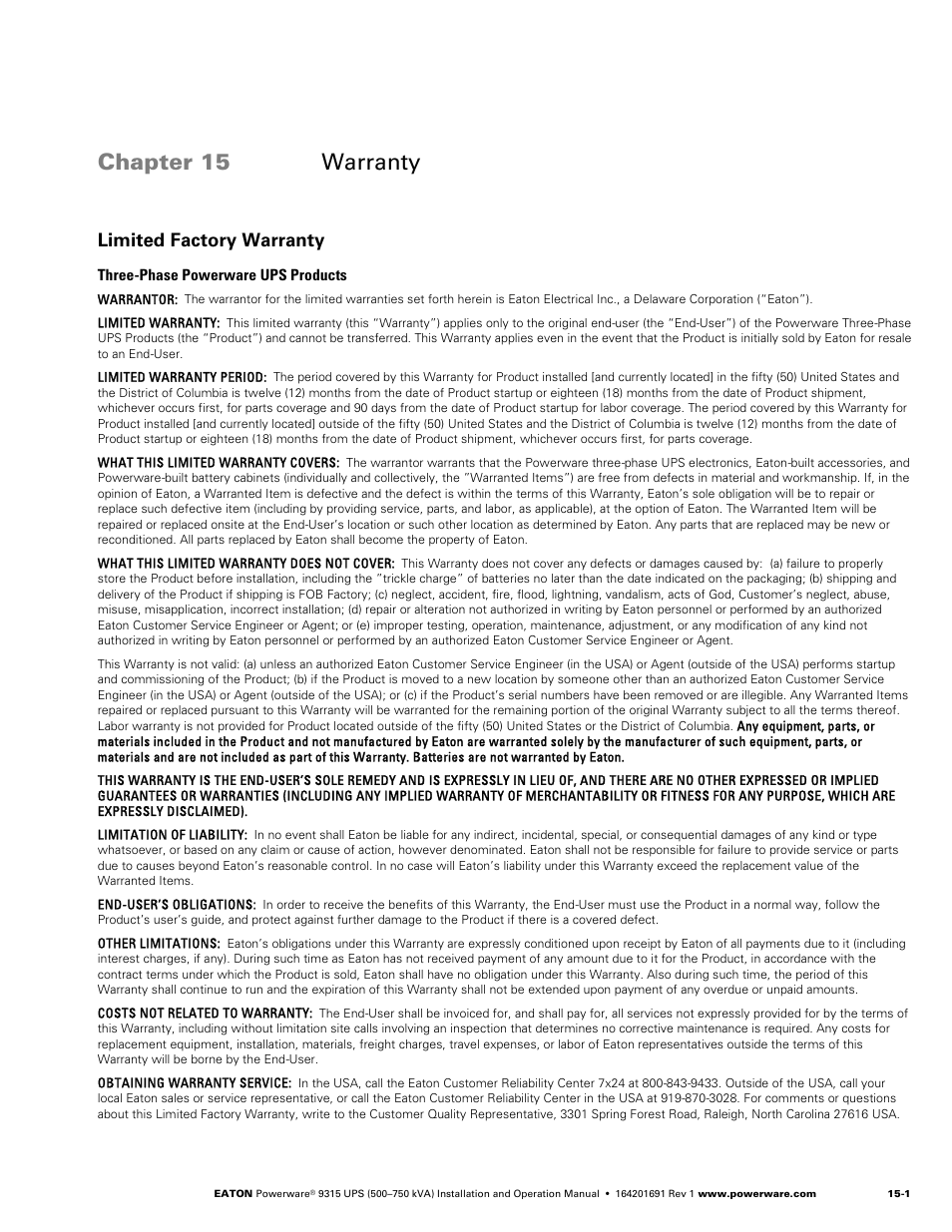 Chapter 15 warranty, Limited factory warranty | Eaton POWERWARE 9315 User Manual | Page 109 / 154