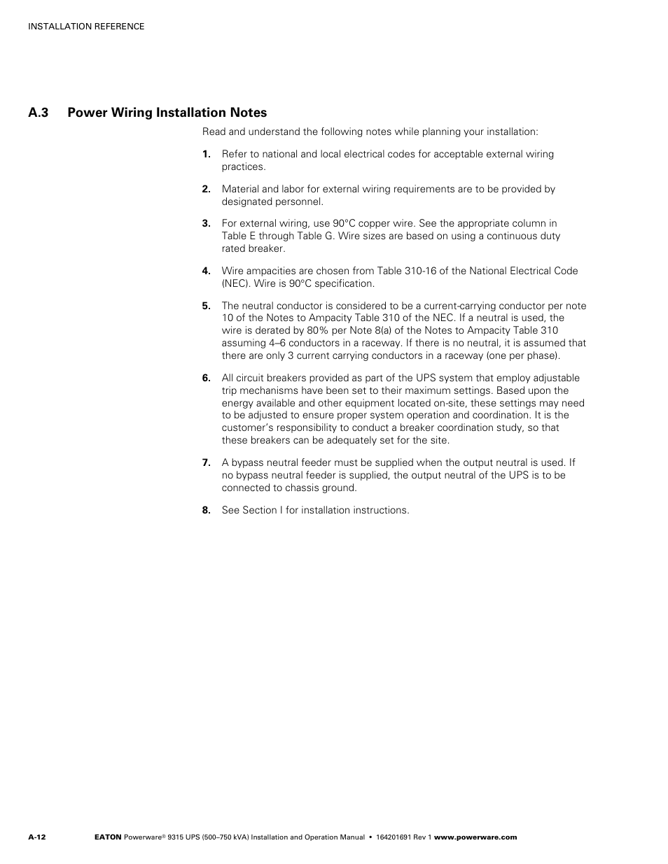 A.3 power wiring installation notes | Eaton POWERWARE 9315 User Manual | Page 122 / 154