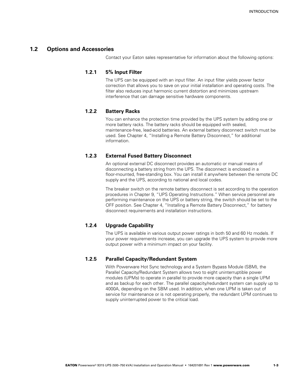 2 options and accessories, 1 5% input filter, 2 battery racks | 3 external fused battery disconnect, 4 upgrade capability, 5 parallel capacity/redundant system | Eaton POWERWARE 9315 User Manual | Page 13 / 154