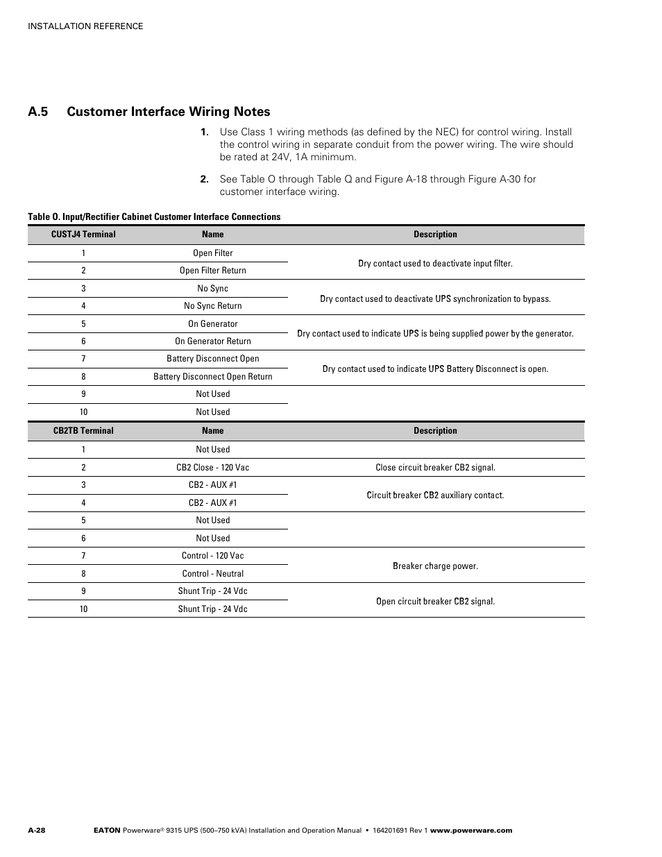 A.5 customer interface wiring notes | Eaton POWERWARE 9315 User Manual | Page 138 / 154