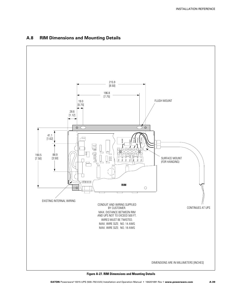 A.8 rim dimensions and mounting details | Eaton POWERWARE 9315 User Manual | Page 149 / 154