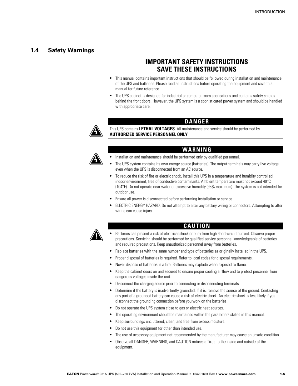 4 safety warnings | Eaton POWERWARE 9315 User Manual | Page 15 / 154