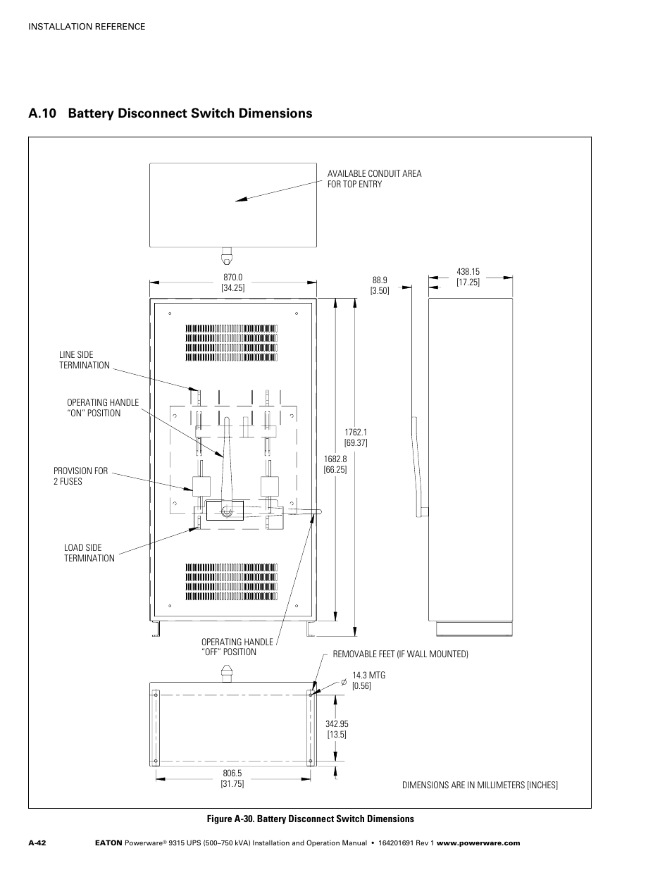 A.10 battery disconnect switch dimensions | Eaton POWERWARE 9315 User Manual | Page 152 / 154