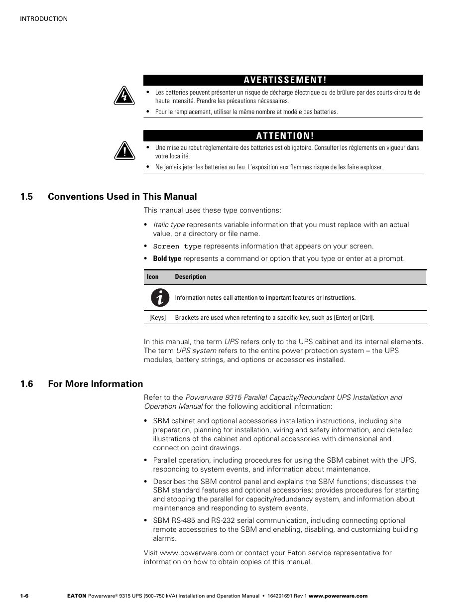 5 conventions used in this manual, 6 for more information | Eaton POWERWARE 9315 User Manual | Page 16 / 154