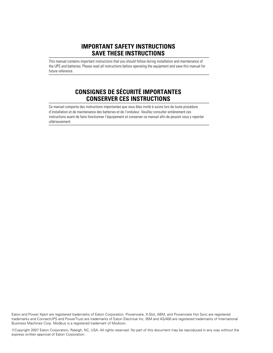 Important safety instructions | Eaton POWERWARE 9315 User Manual | Page 2 / 154