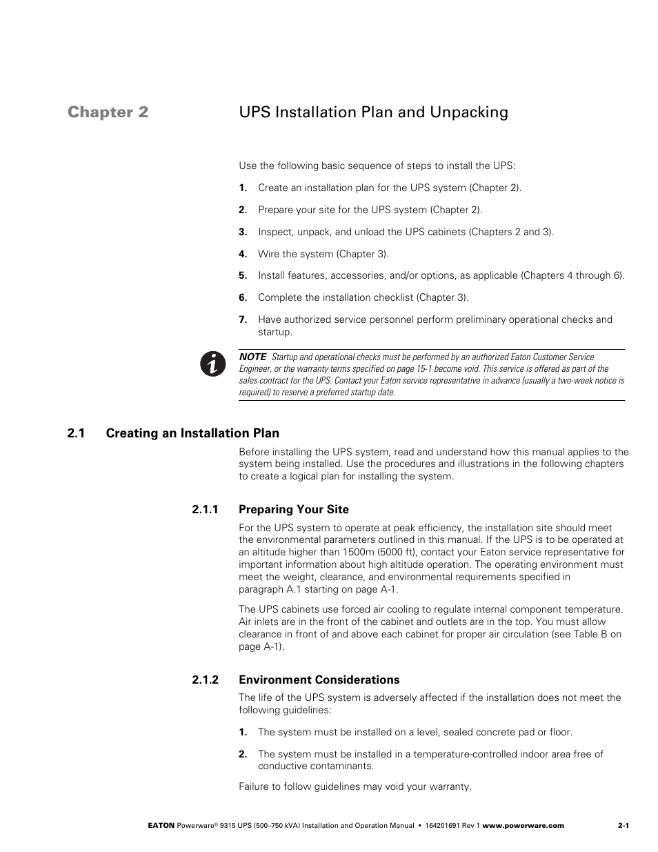 Chapter 2 ups installation plan and unpacking, 1 creating an installation plan, 1 preparing your site | 2 environment considerations | Eaton POWERWARE 9315 User Manual | Page 21 / 154