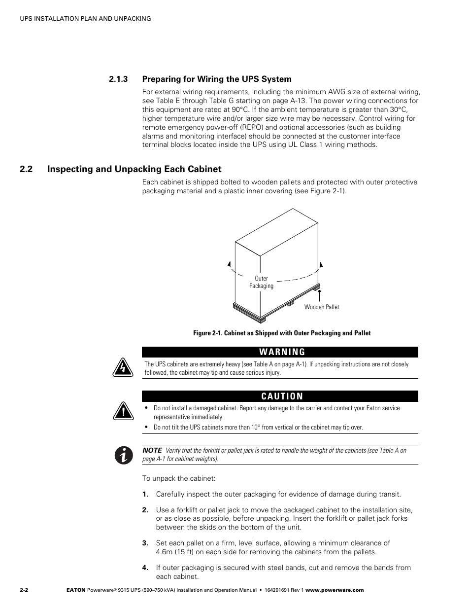 3 preparing for wiring the ups system, 2 inspecting and unpacking each cabinet | Eaton POWERWARE 9315 User Manual | Page 22 / 154