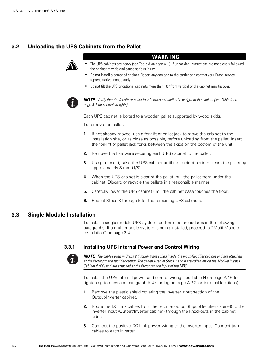 2 unloading the ups cabinets from the pallet, 3 single module installation, 1 installing ups internal power and control wiring | Eaton POWERWARE 9315 User Manual | Page 26 / 154