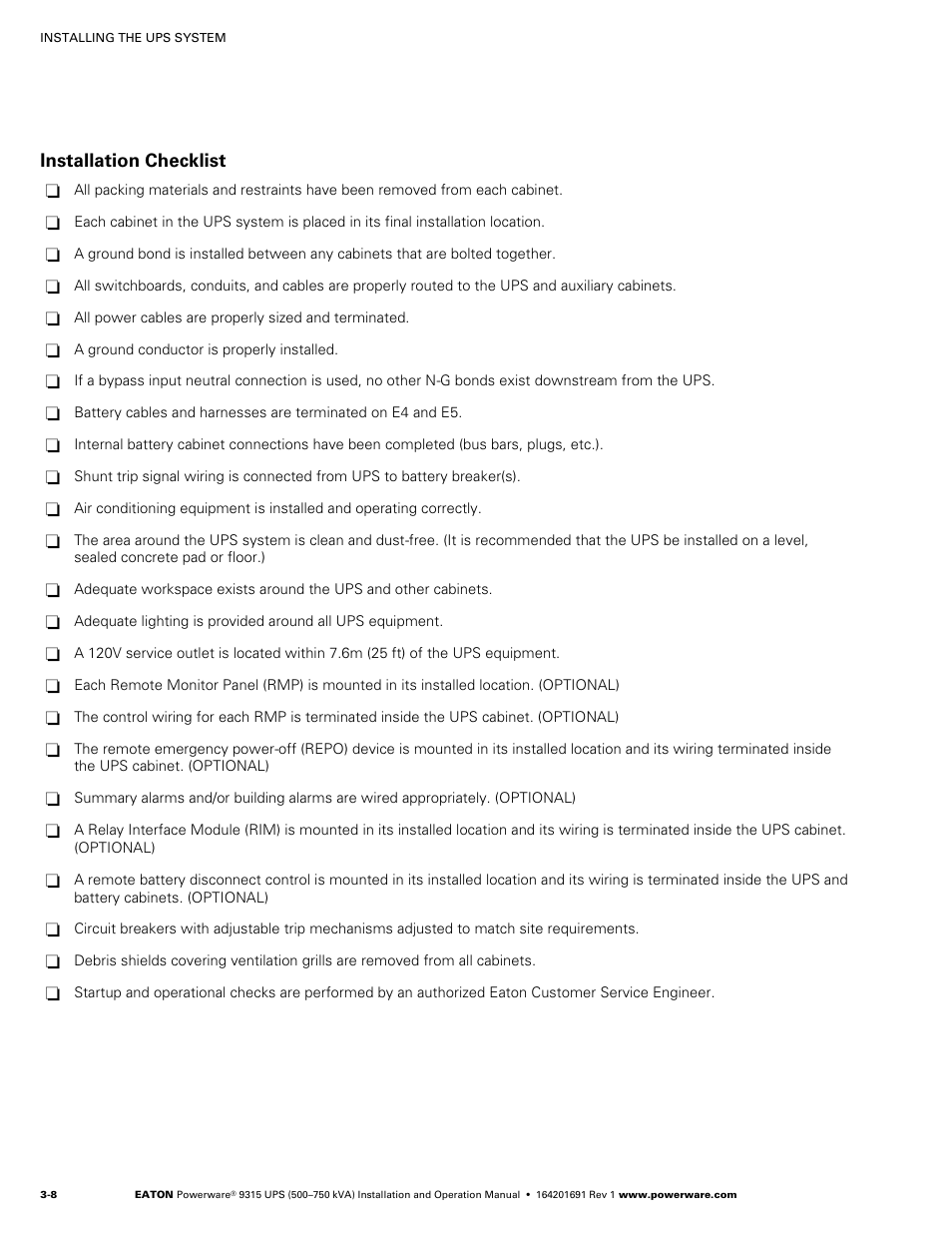 Installation checklist | Eaton POWERWARE 9315 User Manual | Page 32 / 154