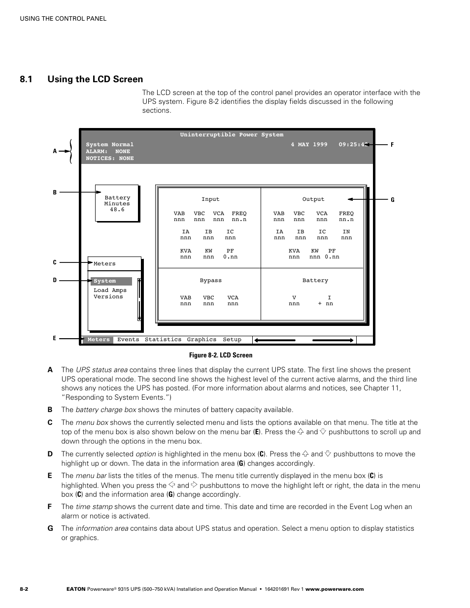 1 using the lcd screen | Eaton POWERWARE 9315 User Manual | Page 58 / 154