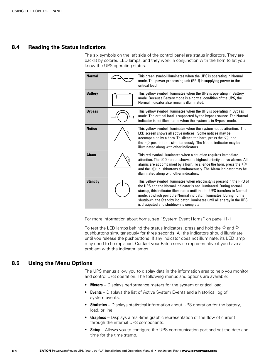 4 reading the status indicators, 5 using the menu options | Eaton POWERWARE 9315 User Manual | Page 60 / 154