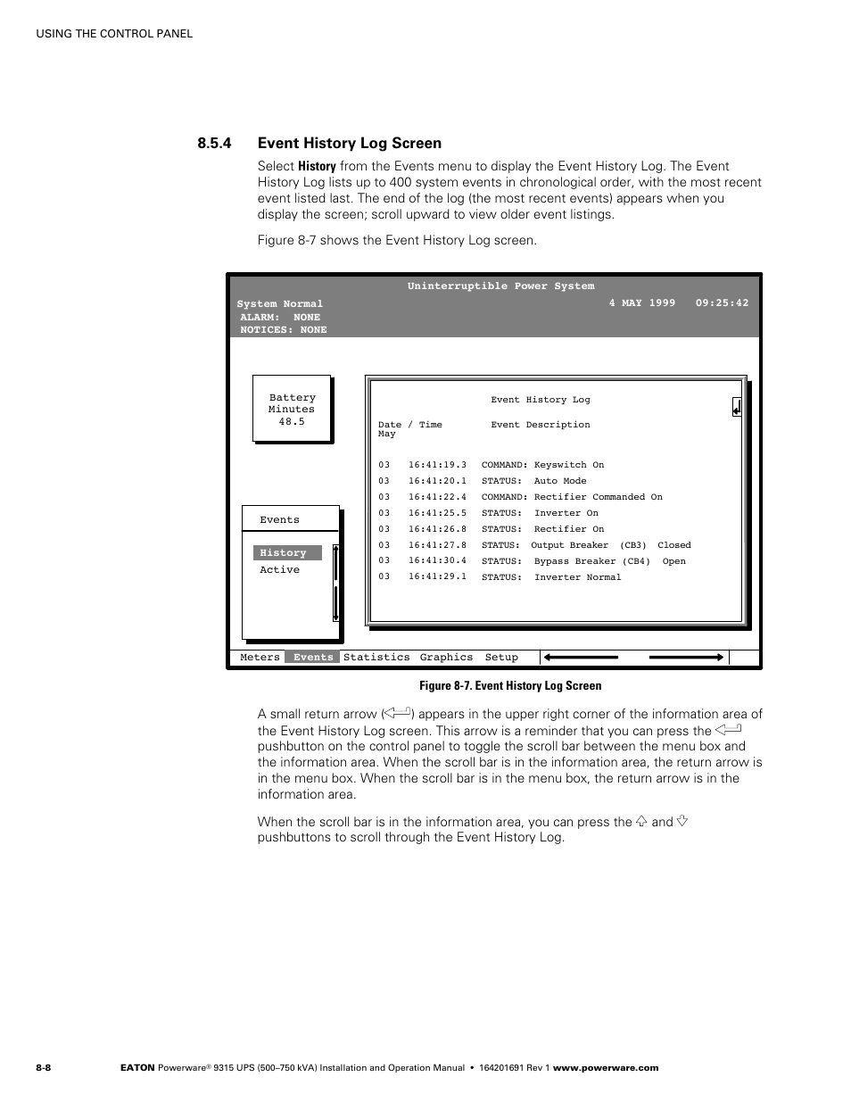 4 event history log screen | Eaton POWERWARE 9315 User Manual | Page 64 / 154